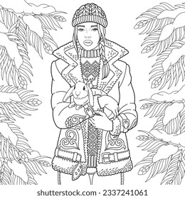 Winter lady with a forest rabbit. Adult coloring book page with intricate antistress ornament