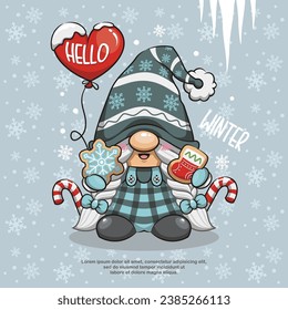 Lady Gnome De Invierno, Gnome De Navidad Con Galletas, Candycane Y Globo. Ilustración de dibujos animados simples