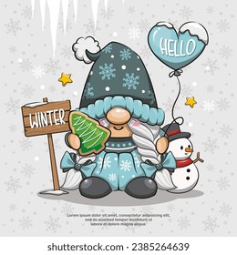 Winter Lady Gnome, Christmas Gnome With Snowman And Balloon. Cute Cartoon Illustration