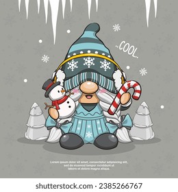 Winter Lady Gnome, Christmas Gnome With Snowman And Candycane. Cute Cartoon Illustration