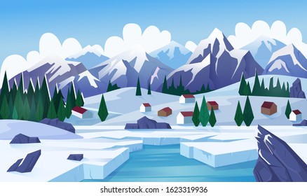 Winter lake flat vector illustration. Rural landscape, countryside, highland, mountain village, lake houses, small cottages. Winter day, cold weather, frozen pond, ice on lough surface - Shutterstock ID 1623319936