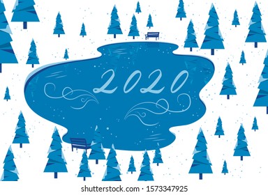 Winter lake in the forest among fir trees with the inscription 2020.