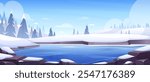 Winter lake landscape. Vector nature illustration with frozen pond,  snowy rocks, stones, forest. Wild park or garden with pines. Blue river with snowy coast for skating, fishing. Outdoor activity
