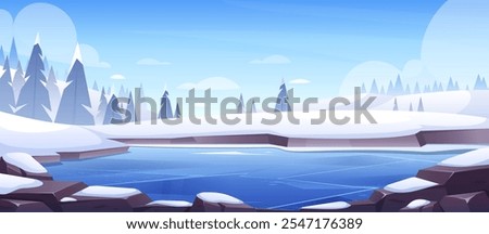 Winter lake landscape. Vector nature illustration with frozen pond,  snowy rocks, stones, forest. Wild park or garden with pines. Blue river with snowy coast for skating, fishing. Outdoor activity
