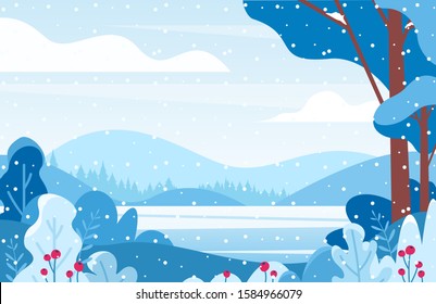 Winter lake scenery flat vector illustration. Frozen pond surrounded with mountains and valleys. Snowfall in forest. Snow covered bushes with red berries in foreground. Wild nature solitude.
