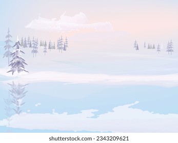 Winter lake vector. Snowy forest. Vector minimal design in pastel colors. Abstract landscape. Background with place for text. 