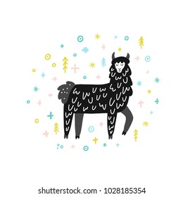 Winter lama drawing made in vector. Good for greeting cards, invitations, holiday room decoration, etc.