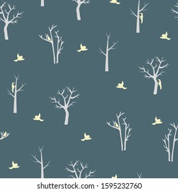 Winter Land with Trees and Birds Vector Seamless Pattern