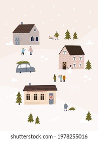 Winter landcape with cute houses, cars and people. Holiday concept for greeting card or poster. Hand drawn vector illustration. 