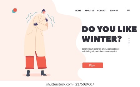 Winter Landing Page Template. Elderly Freezing Female Character in Warm Clothes Shivering due to Low Minus Degrees Temperature. Cold Weather, Freeze, Frosty Weather. Cartoon Vector Illustration