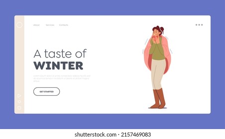 Winter Landing Page Template. Freezing Female Character Wrapped in Warm Plaid Wear Winter Clothes Shivering due to Low Degrees Temperature. Girl at Cold Weather Freeze. Cartoon Vector Illustration