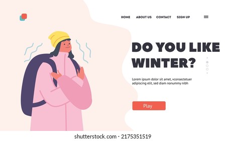 Winter Landing Page Template. Freezing Schoolgirl Character Wear Warm Coat, Winter Hat and Rucksack Shivering due to Low Degrees Temperature. Girl at Cold Weather Freeze. Cartoon Vector Illustration