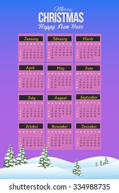 Winter Landscape 2016 Full Calendar Template, Promotion Poster Vector Design - Week Starts Sunday