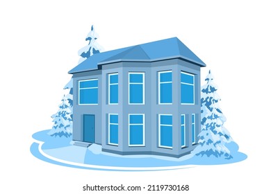 El paisaje invernal. Casa de campo 3D rodeada de árboles. Ilustración del vector
