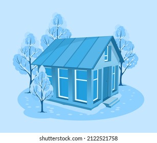 Winter landscape. 3D cottage surrounded by trees. Vector illustration