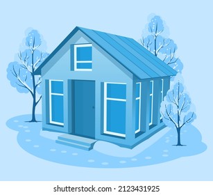 El paisaje invernal. Casa de campo 3D rodeada de árboles. Ilustración del vector