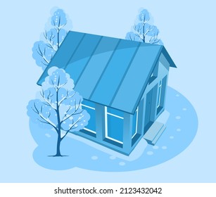El paisaje invernal. Casa de campo 3D rodeada de árboles. Ilustración del vector