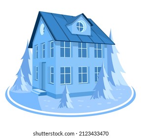 Winter landscape. 3D cottage surrounded by trees. Vector illustration