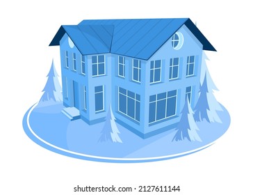 Winter landscape. 3D house surrounded by trees. Vector illustration