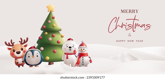 Winter landscape 3D illustration with cute Christmas characters Santa Claus, elf, polar bear, penguin, and reindeer. Festive design for cards, banners. Not AI generated.