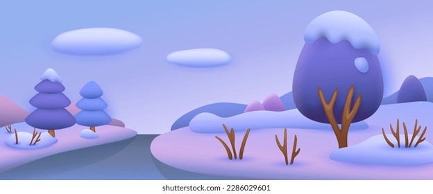 Ilustración 3d del paisaje invernal. Fondo natural con árboles y arbustos bajo la nieve y río congelado al estilo de las caricaturas. Naturaleza, invierno, temporada, concepto forestal