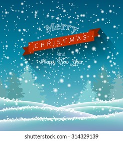 winter landscape, abstract blue winter background, text Merry Christmas, vector illustration, eps 10 with transparency and gradient meshes