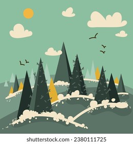 Winter Landscape with abstract fir,pine trees in Scandi style. Cover, background, print poster design with Abstract fir trees in a minimalist style. Vector illustration for Christmas decoration design