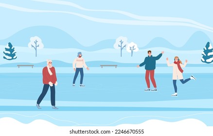 Winter landscape with active people. Winter activities. Flat cartoon characters are skating, man is walking.