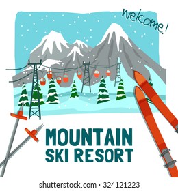 Winter landscape advertising color poster presenting ski resort with ice peaks pines and cableway vector illustration
