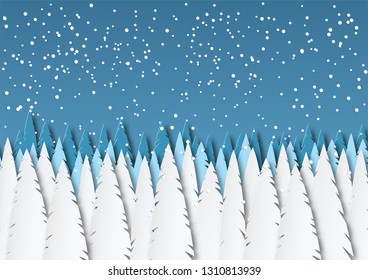 Winter landscape in the afternoon. Snowfall. Snowy fields and trees in the park or forest. Design in paper art style. Vector illustration