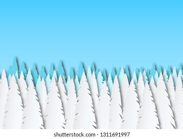 Winter landscape in the afternoon. Snowy fields and trees in the park or forest. Design in paper art style. Vector illustration