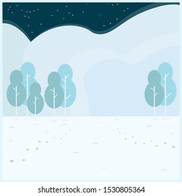 Winter landscape against the starry sky with trees and footprints in the snow drawn in vector
