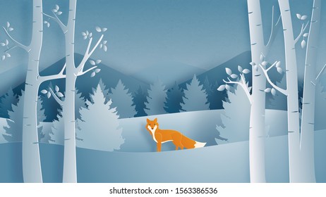 Winter landscape with alone fox in paper cut style. Digital craft paper art.