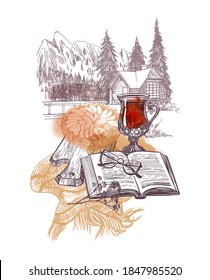 Winter landscape with apple pie, tea, book and scarf. Vector sketch and watercolor