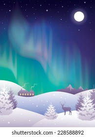 Winter landscape with aurora. 
