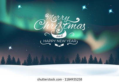 Winter landscape with aurora and forest. Illustration for banners, flyers, posters