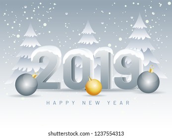 Winter landscape background with 3d text 2019 and baubles illustration for Happy New Year celebration concept. Can be used as greeting card design.