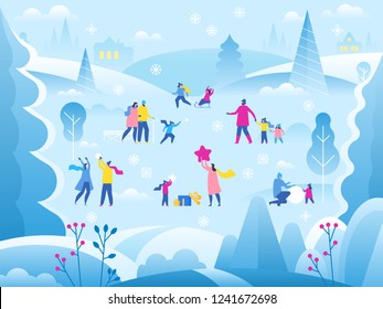 Winter landscape background for banner, greeting card, poster and advertising. Happy new year and Merry Christmas holidays. Vector illustration in trendy flat style