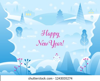 Winter landscape background for banner, greeting card, poster and advertising. Happy new year and Merry Christmas holidays. Vector illustration in trendy flat style