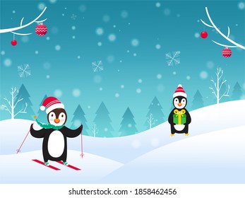 Winter Landscape Background with Cartoon Two Penguins Wear Santa Hat in Different Poses.