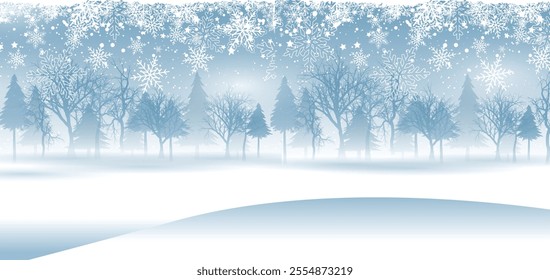 Winter Landscape background. Christmas Background. Winter Landscape blue sky with snow on forest pine tree on moutains. Snow hurricane landscape, snowflakes on blue background. social media banner
