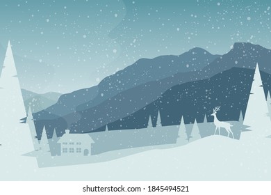 Winter landscape background with coniferous forest and snow in christmas and winter season.