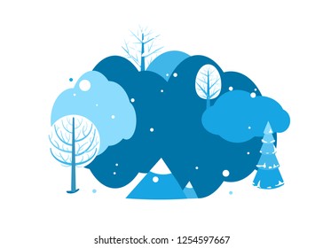 Winter landscape background with copy space. Horizontal cartoon flat land scene with trees, falling snow, spruce fir and mountains. Round design concept isolated on white. Vector illustration.