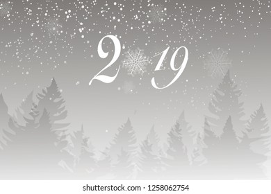 Winter landscape background with falling snow, spruce forest silhouette. Christmas and Happy New Year greeting card background. Vector Illustration. Xmas card
