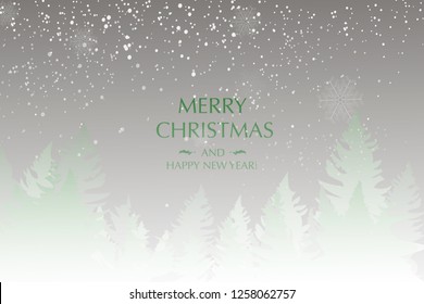 Winter landscape background with falling snow, spruce forest silhouette. Christmas and Happy New Year greeting card background. Vector Illustration. Xmas card

