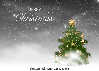 Winter landscape background with falling snow, spruce forest silhouette. Christmas and Happy New Year greeting card background. Vector Illustration. Xmas card
