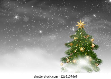 Winter landscape background with falling snow, spruce forest silhouette. Christmas and Happy New Year greeting card background. Vector Illustration. Xmas card
