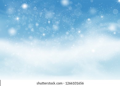 Winter landscape background with falling snow, spruce forest silhouette. Christmas and Happy New Year greeting card background. Vector Illustration. Xmas card
