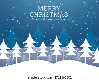 Winter landscape background with falling snow, spruce forest silhouette