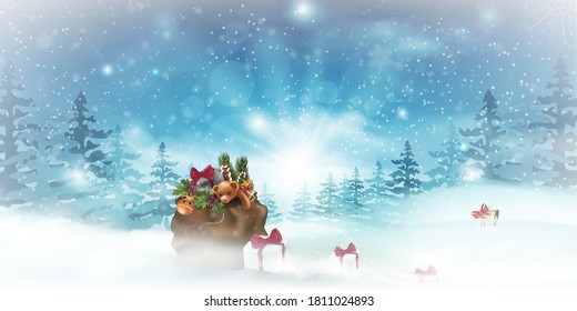 Winter landscape background with falling snow, spruce forest silhouette. Christmas and Happy New Year greeting card background. Vector Illustration. Xmas card
